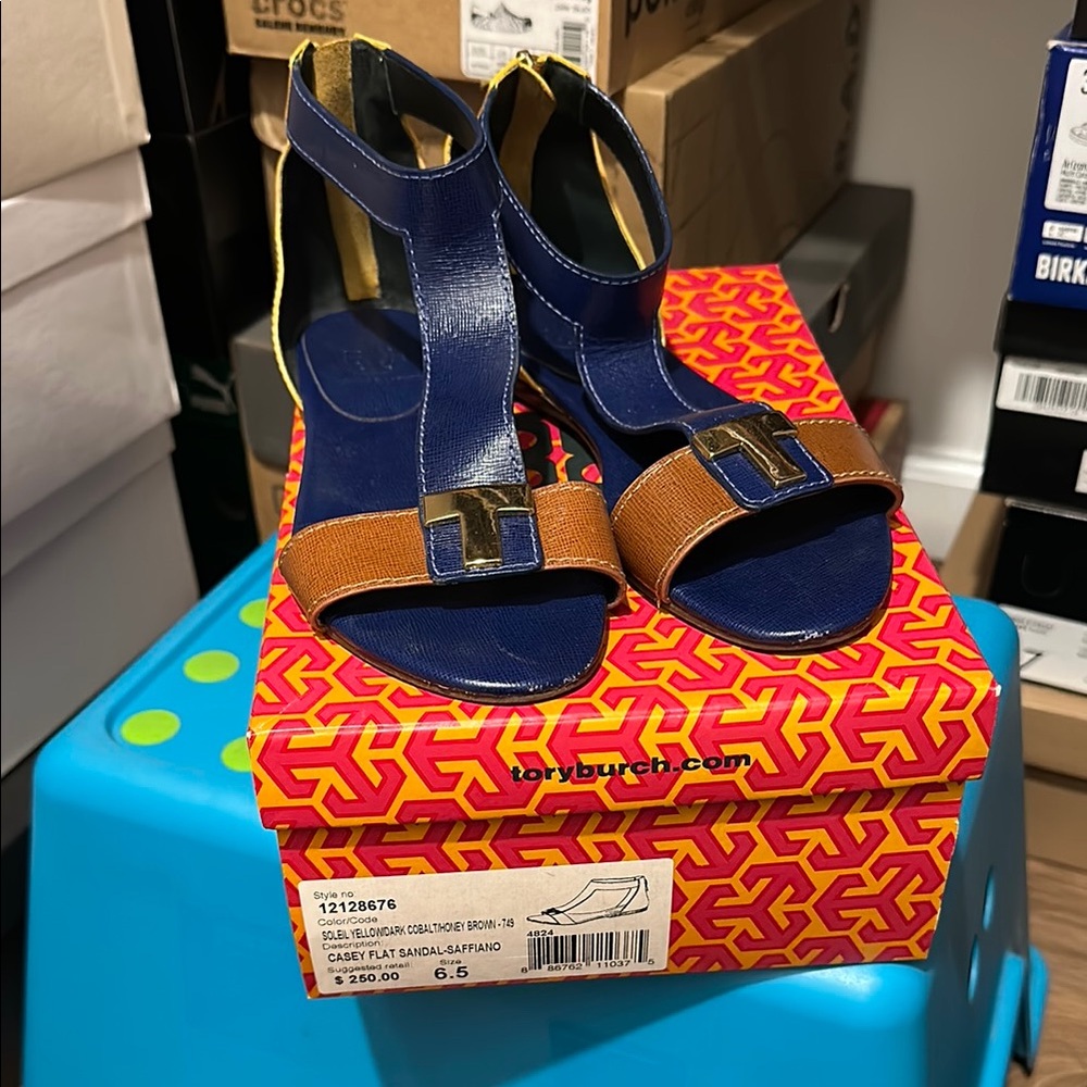 Tory Burch Blue and Brown Sandals with Chunky Heel